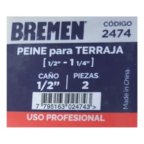 Peine Terraja Bremen 1/2 a 1 1/4 Pulgadas Caño 1/2 Set 2