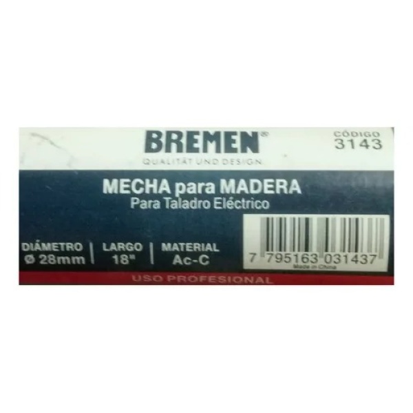 Mecha Madera Helicoidal Bremen 28 Milimetros x 18