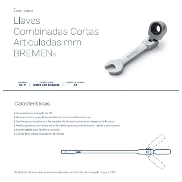 Llave Combinada Bremen Métrica con Cigüeñal Corta Móvil 8mm